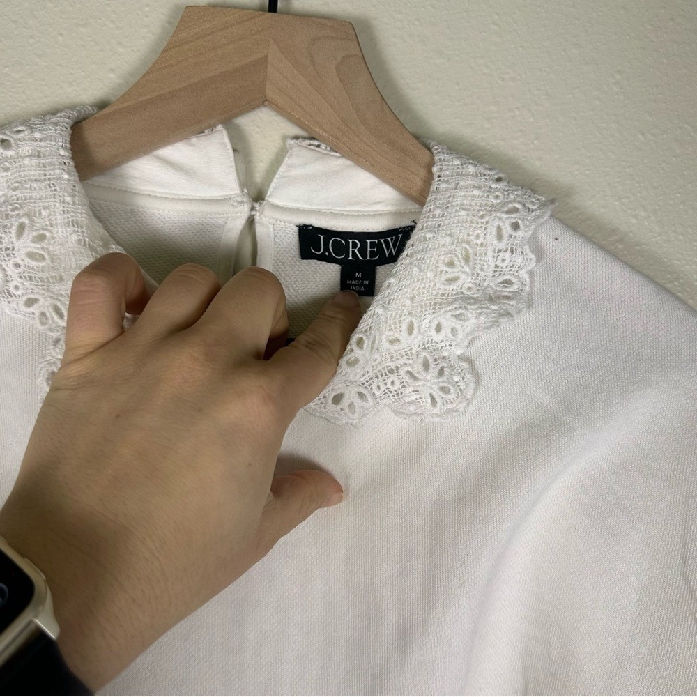 J. CREW Med Cottagecore Victorian French Terry Lace Trim White Crewneck Sweater - Picture 5 of 9